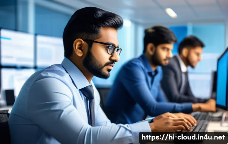 클라우드 보안 관리와 규제 준수 사례 - A professional Indian IT team in a modern office environment, collaborating on cloud security setup;...