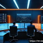 Home 22 클라우드 컴퓨팅과 블록체인 기술 융합 사례 - A futuristic digital security control room blending cloud computing and blockchain technology, featu...