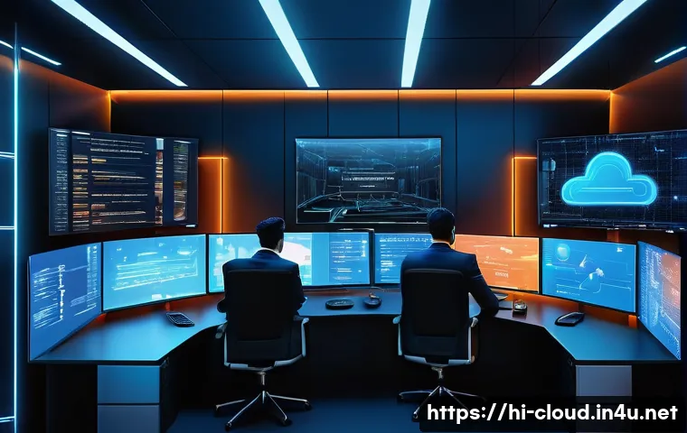 클라우드 컴퓨팅과 블록체인 기술 융합 사례 - A futuristic digital security control room blending cloud computing and blockchain technology, featu...