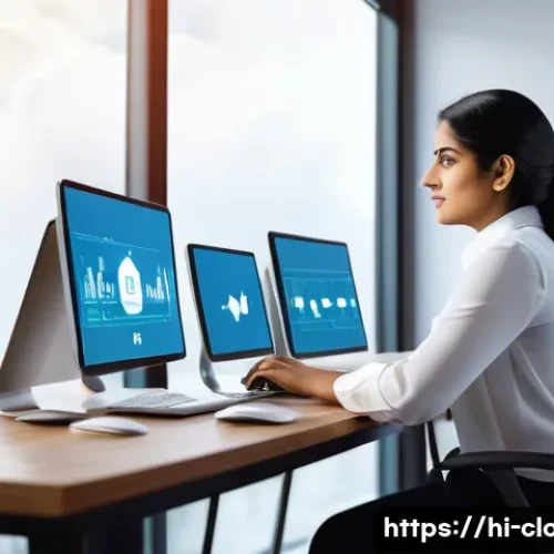 Home 33 클라우드 컴퓨팅 관련 온라인 강의 추천 - A professional Indian woman sitting at a modern home office desk using a laptop, surrounded by cloud...