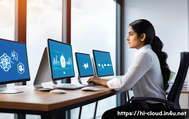 클라우드 컴퓨팅 관련 온라인 강의 추천 - A professional Indian woman sitting at a modern home office desk using a laptop, surrounded by cloud...