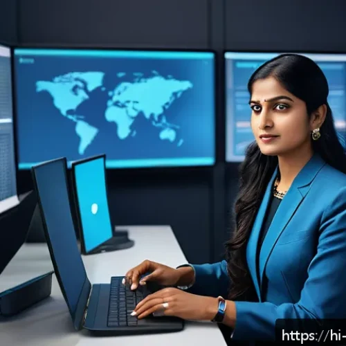 Home 32 클라우드에서 데이터 백업 및 복구 전략 - A professional Indian office setting featuring a confident businesswoman of South Asian descent in t...